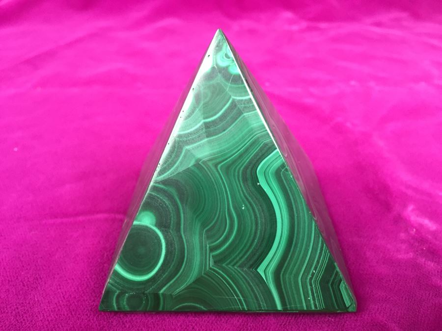 Pair Of Hand Carved Malachite Sculptures Made In Zaire Pyramid And Hexagon [Photo 11]