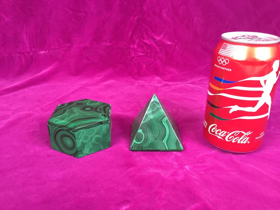 Pair Of Hand Carved Malachite Sculptures Made In Zaire Pyramid And Hexagon [Photo 4]