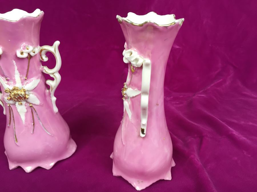 Pair Of Pink, White And Gold Vases Germany 39 Floral Motif [Photo 6]