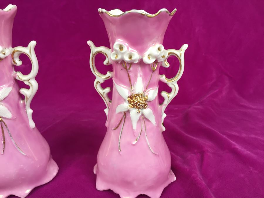Pair Of Pink, White And Gold Vases Germany 39 Floral Motif [Photo 5]