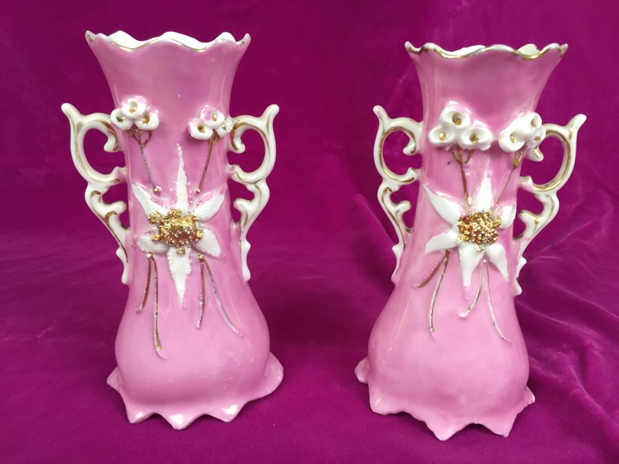 Pair Of Pink, White And Gold Vases Germany 39 Floral Motif