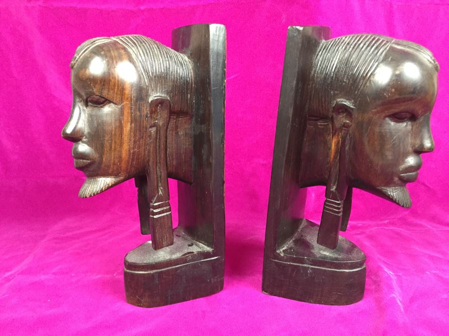 Hand Carved Wooden Heads Bookends Produced In Tanganyika East Africa For Afri-Craft, Inc