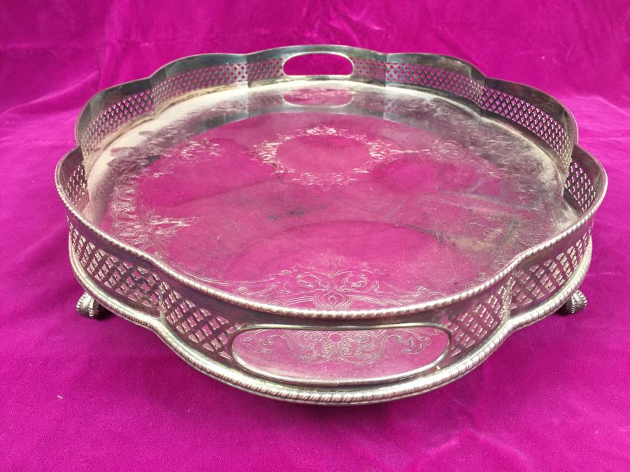 Large Footed Reed & Barton Silverplate On Copper Serving Tray Made In Sheffield England [Photo 2]