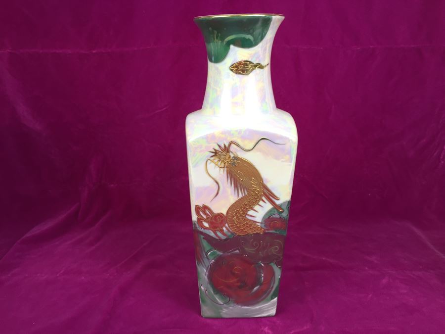 Pair Of Vases AITO China Hand Painted Japan 18k Gold Dragon Porcelain Vase Green and White MCI [Photo 5]