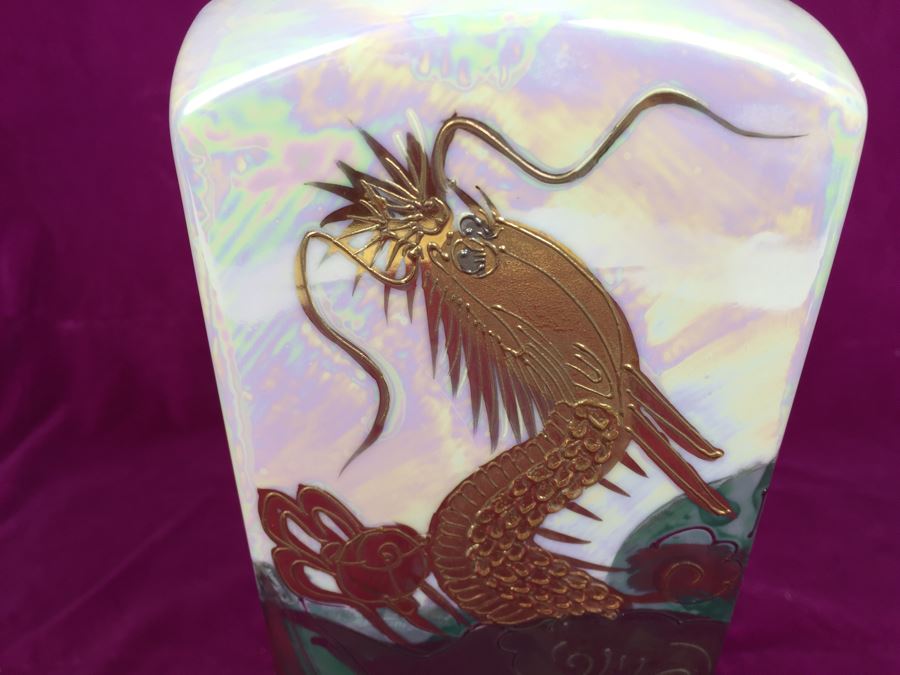 Pair Of Vases AITO China Hand Painted Japan 18k Gold Dragon Porcelain Vase Green and White MCI [Photo 7]