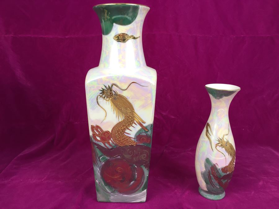 Pair Of Vases AITO China Hand Painted Japan 18k Gold Dragon Porcelain Vase Green and White MCI [Photo 4]