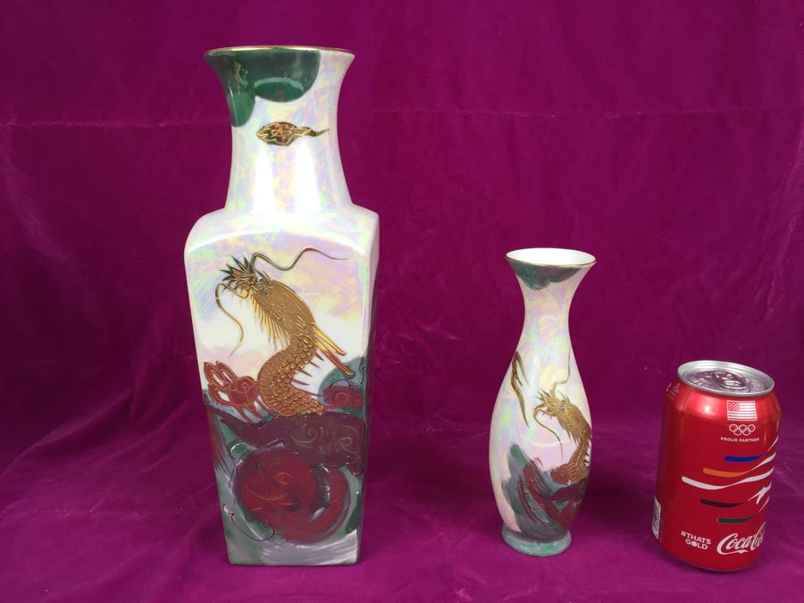Pair Of Vases AITO China Hand Painted Japan 18k Gold Dragon Porcelain Vase Green and White MCI [Photo 1]