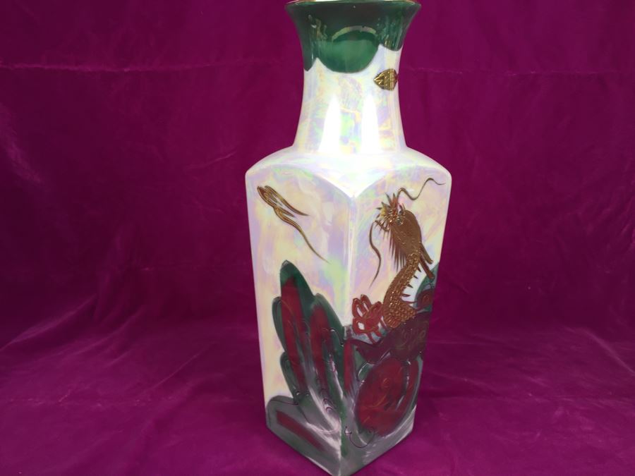 Pair Of Vases AITO China Hand Painted Japan 18k Gold Dragon Porcelain Vase Green and White MCI [Photo 8]