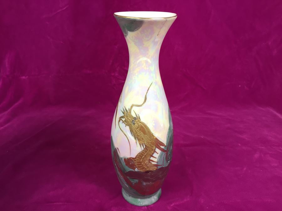 Pair Of Vases AITO China Hand Painted Japan 18k Gold Dragon Porcelain Vase Green and White MCI [Photo 15]