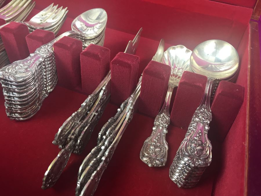 Elegant Sterling Silver Flatware Set With Silverware Box 2,377g Without Knives + 168g Knife Handles = 2,545g = $1,408 Melt Value [Photo 20]
