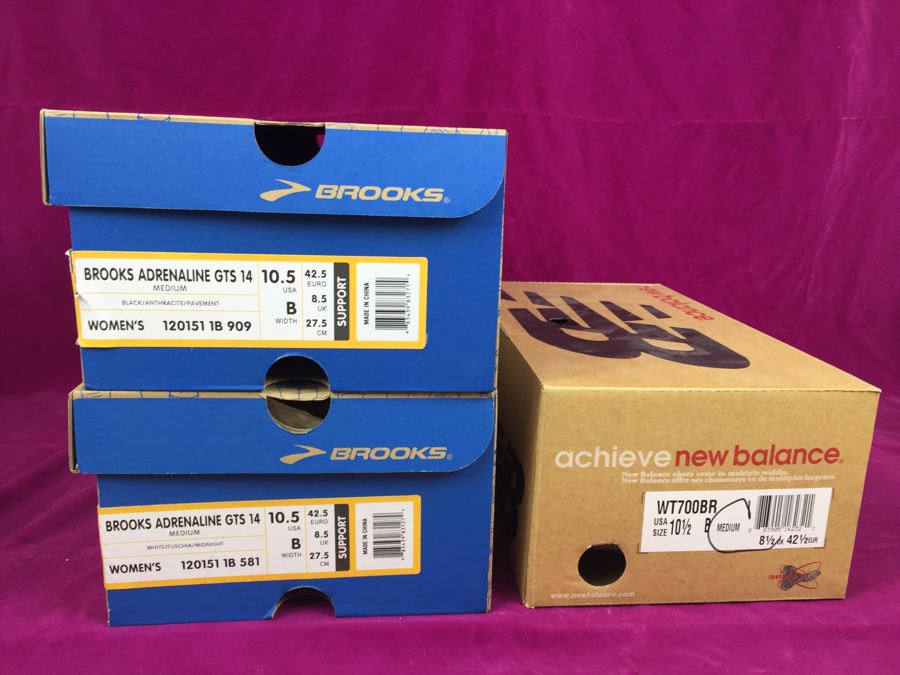 2 Pairs Of BROOKS Women's Running Shoes And 1 Pair Of New Balance Women's Running Shoes Size 10.5B All New In Box [Photo 1]