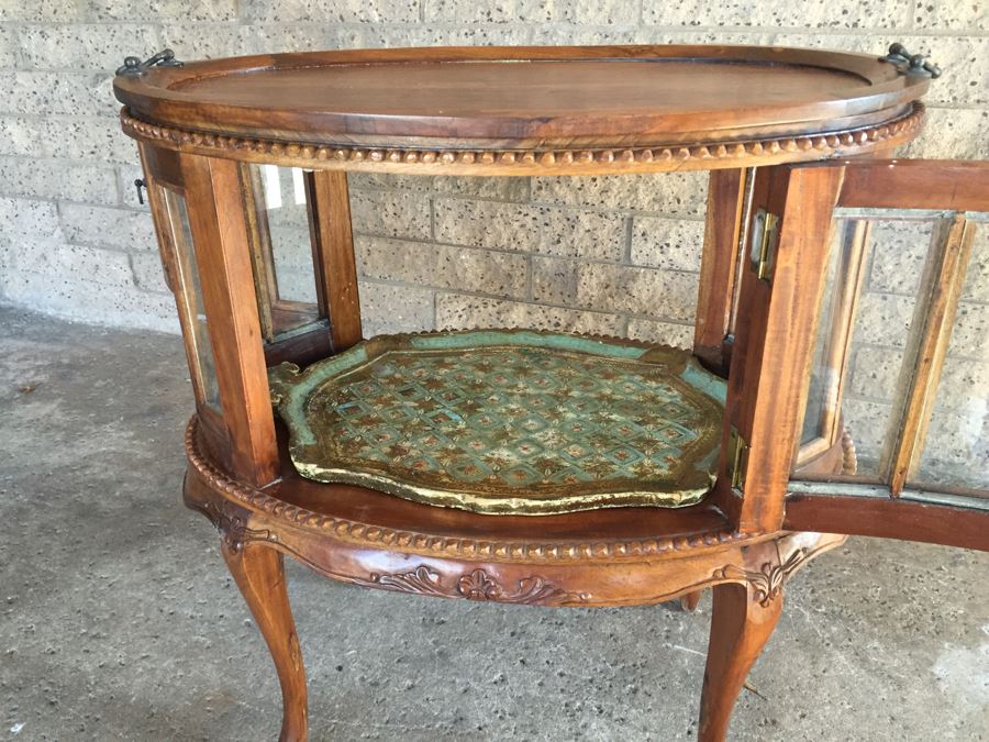 Beautiful French Provencial Curio Cabinet Bar Oval Windowed With Removable Top Tray [Photo 25]