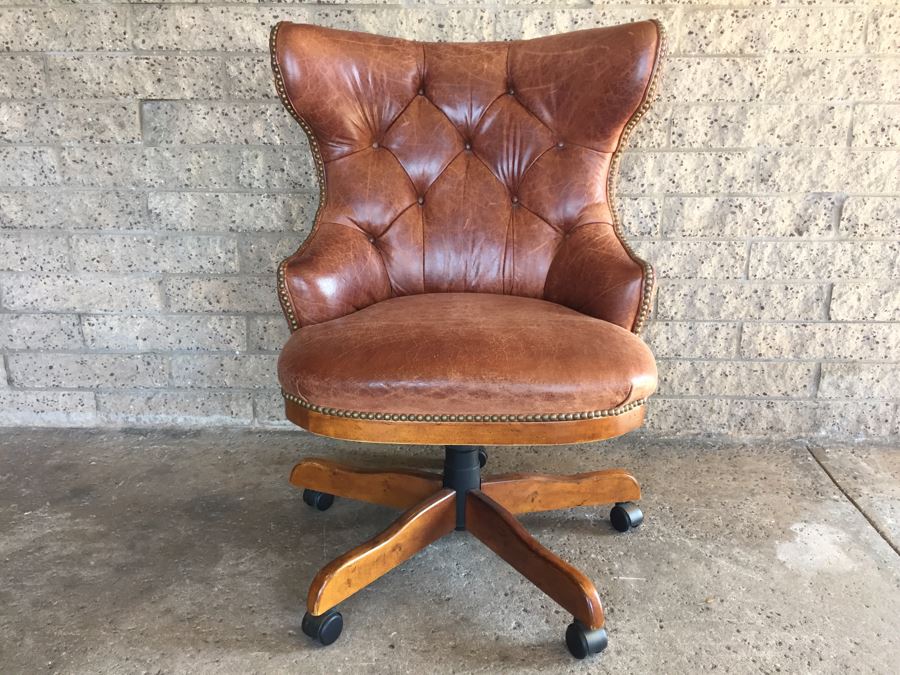 Very Nice Wingback Tufted Leather CENTURY Office Chair With Casters Hickory, N.C.