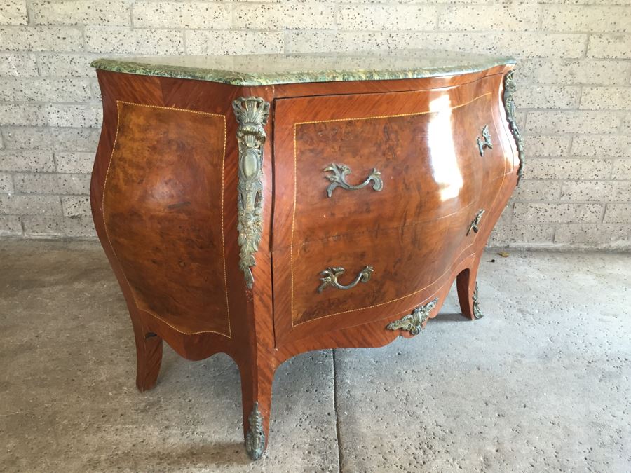 Stunning Large Bow Front Commode Chest Of Drawers With Nice Marble Top [Photo 2]