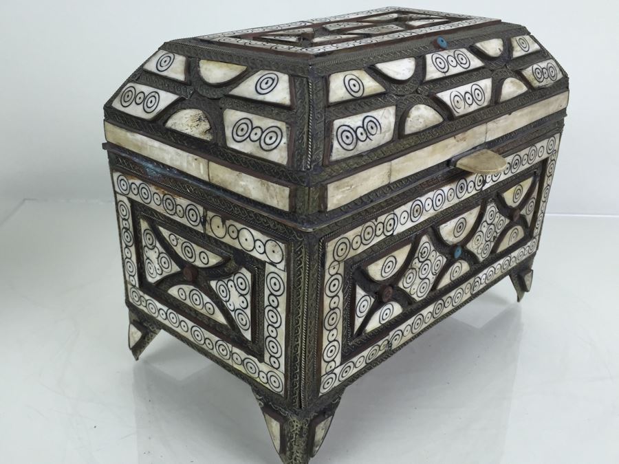Large Footed Folk Art Box Leather Lined And Ornately Decorated With Bone, Embossed Metal And Stones [Photo 17]