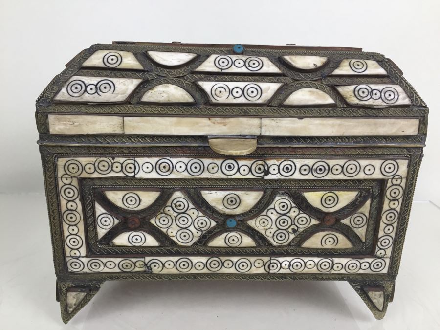 Large Footed Folk Art Box Leather Lined And Ornately Decorated With Bone, Embossed Metal And Stones [Photo 4]