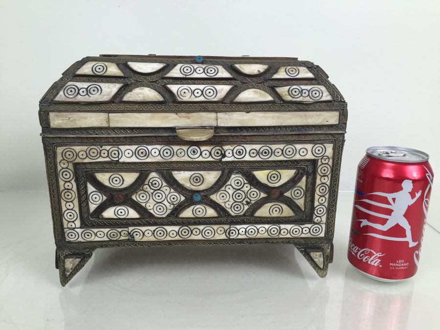Large Footed Folk Art Box Leather Lined And Ornately Decorated With Bone, Embossed Metal And Stones