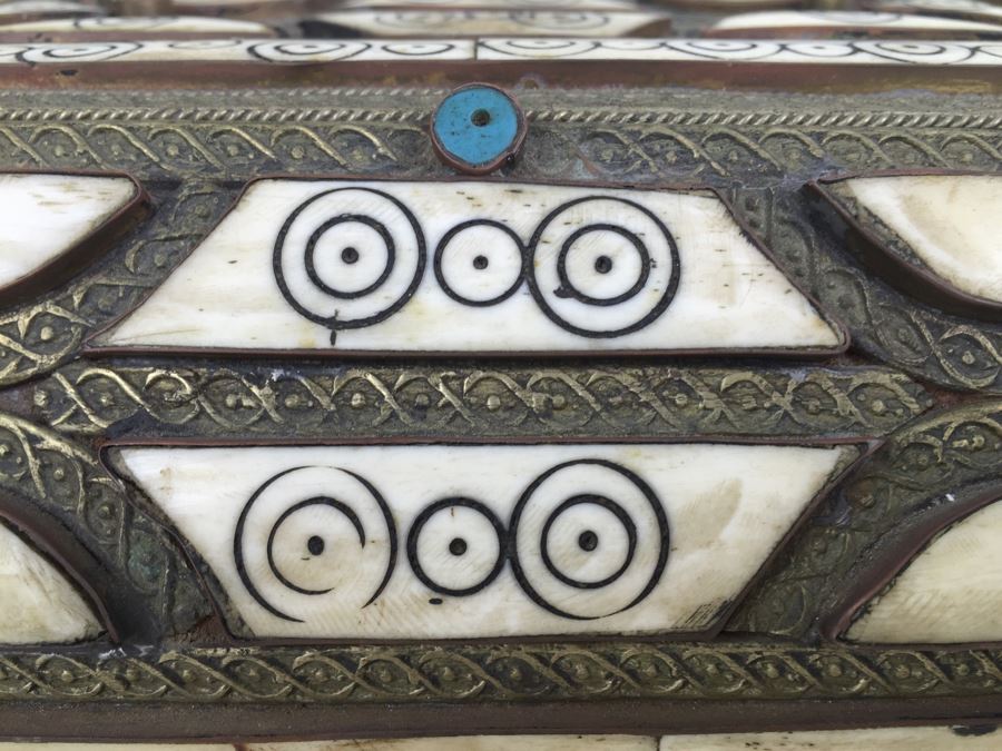 Large Footed Folk Art Box Leather Lined And Ornately Decorated With Bone, Embossed Metal And Stones [Photo 2]