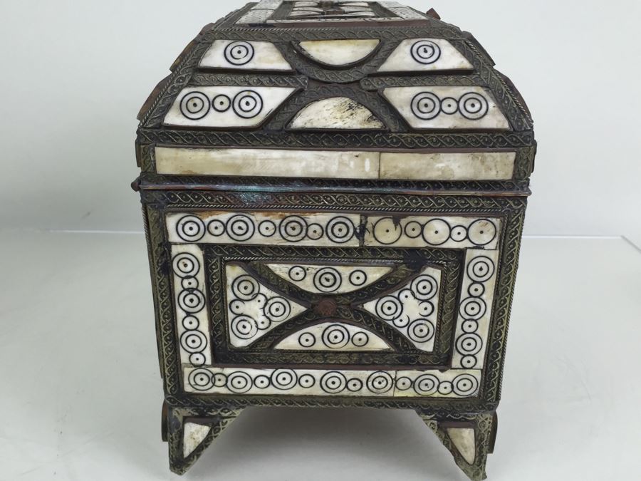 Large Footed Folk Art Box Leather Lined And Ornately Decorated With Bone, Embossed Metal And Stones [Photo 15]