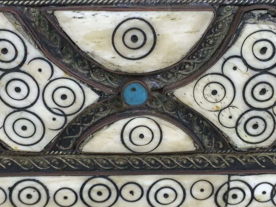 Large Footed Folk Art Box Leather Lined And Ornately Decorated With Bone, Embossed Metal And Stones [Photo 7]