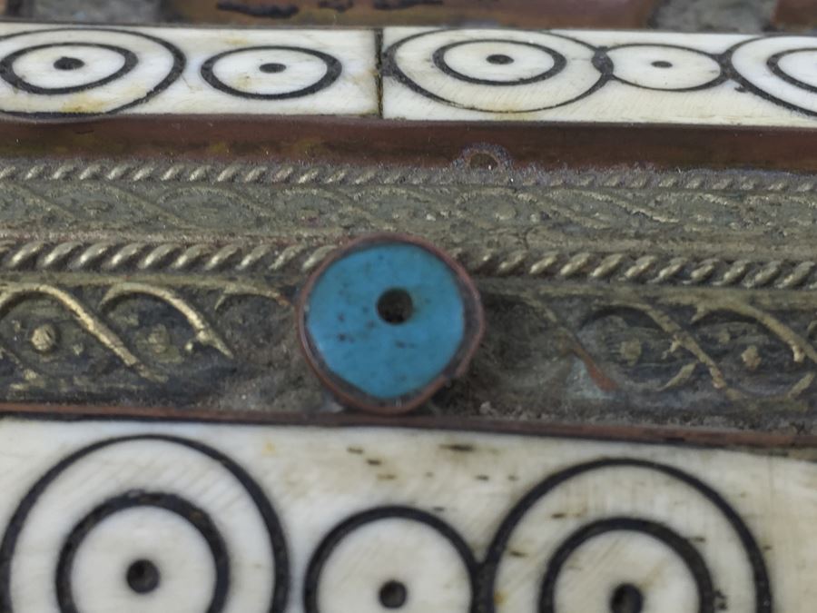 Large Footed Folk Art Box Leather Lined And Ornately Decorated With Bone, Embossed Metal And Stones [Photo 6]