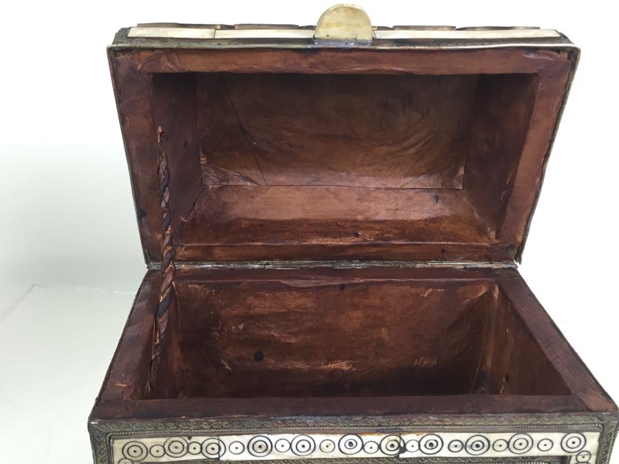 Large Footed Folk Art Box Leather Lined And Ornately Decorated With Bone, Embossed Metal And Stones [Photo 18]