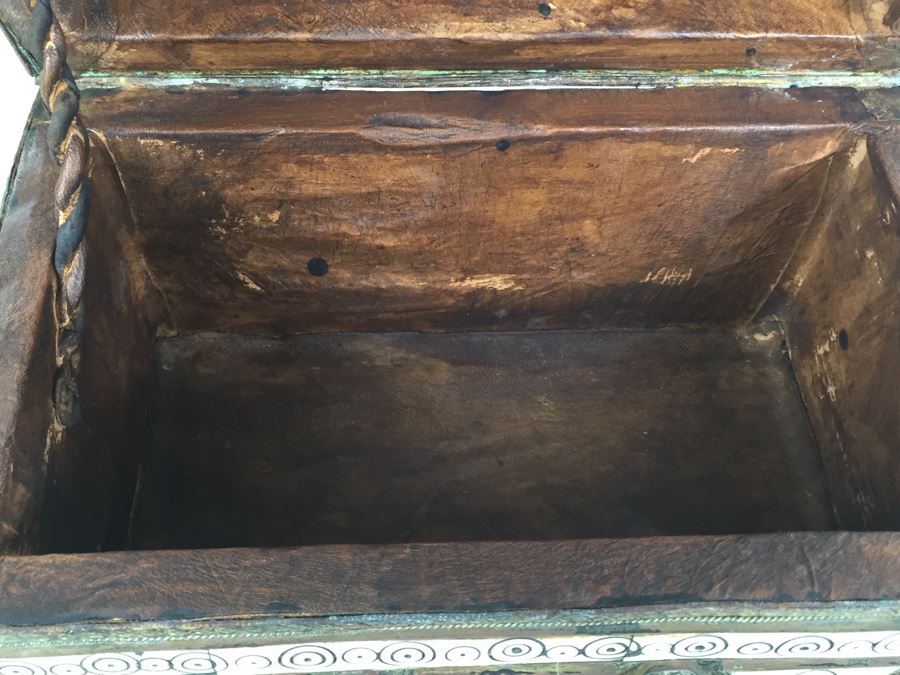 Large Footed Folk Art Box Leather Lined And Ornately Decorated With Bone, Embossed Metal And Stones [Photo 20]