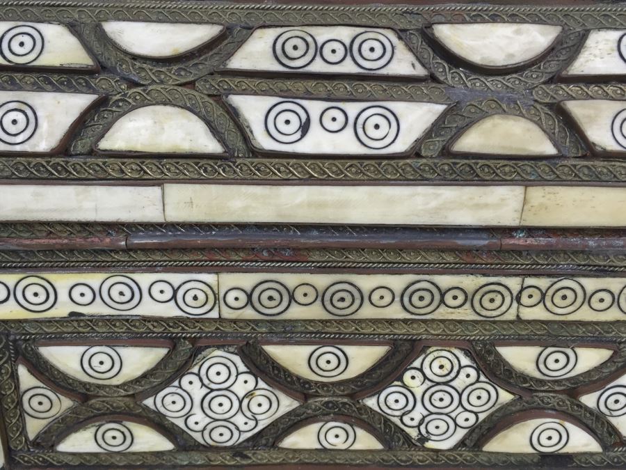 Large Footed Folk Art Box Leather Lined And Ornately Decorated With Bone, Embossed Metal And Stones [Photo 14]