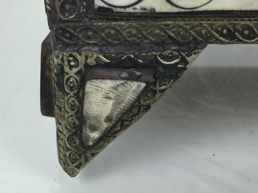 Large Footed Folk Art Box Leather Lined And Ornately Decorated With Bone, Embossed Metal And Stones [Photo 9]