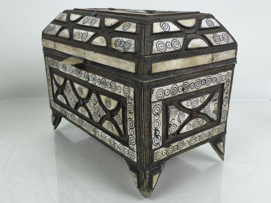 Large Footed Folk Art Box Leather Lined And Ornately Decorated With Bone, Embossed Metal And Stones [Photo 3]