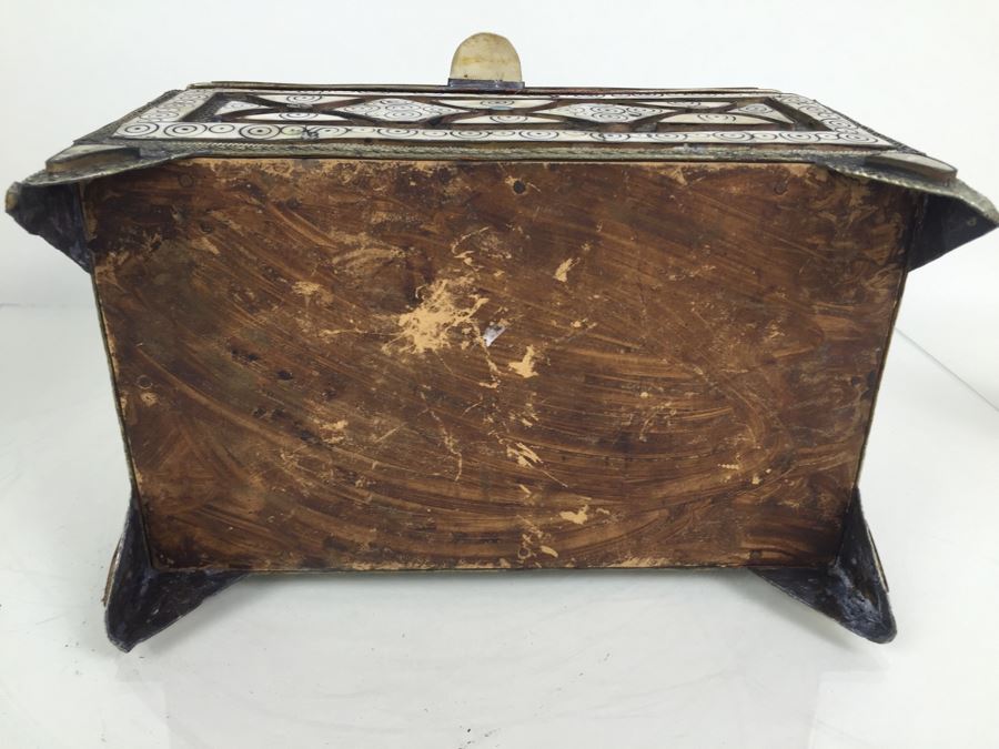 Large Footed Folk Art Box Leather Lined And Ornately Decorated With Bone, Embossed Metal And Stones [Photo 21]