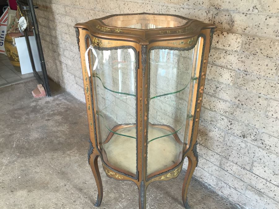 Exquisite French Curio Display Cabinet With Curved Glass On All Sides And Glass On Top Hand Painted And Beautifully Embellished With Metal Accents [Photo 19]