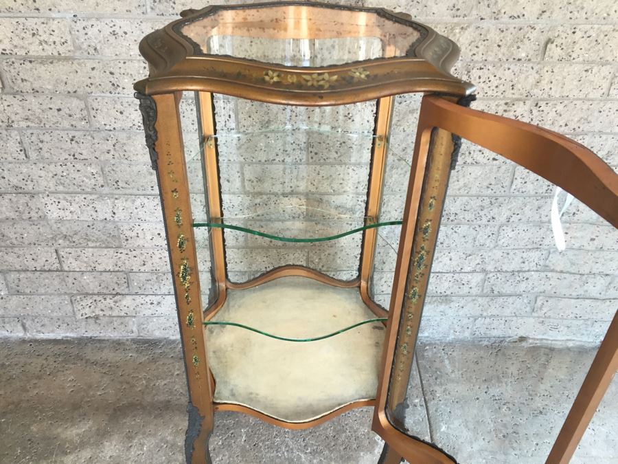 Exquisite French Curio Display Cabinet With Curved Glass On All Sides And Glass On Top Hand Painted And Beautifully Embellished With Metal Accents [Photo 2]
