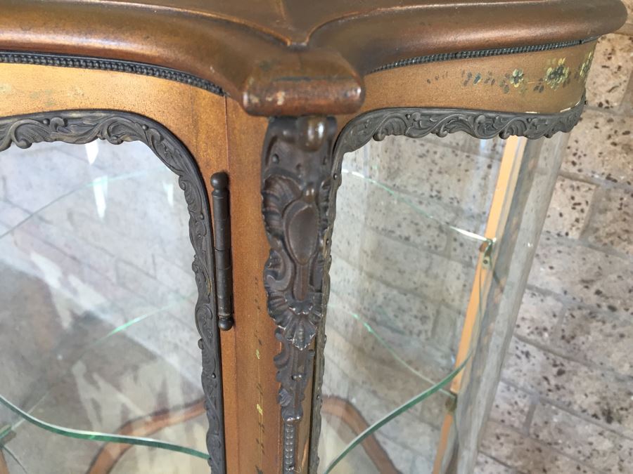 Exquisite French Curio Display Cabinet With Curved Glass On All Sides And Glass On Top Hand Painted And Beautifully Embellished With Metal Accents [Photo 8]