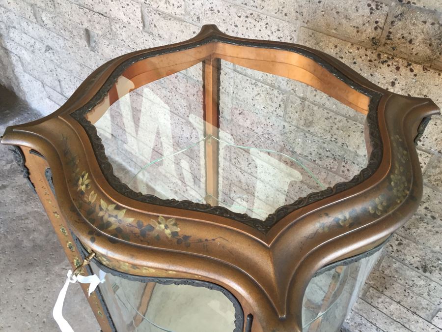 Exquisite French Curio Display Cabinet With Curved Glass On All Sides And Glass On Top Hand Painted And Beautifully Embellished With Metal Accents [Photo 10]