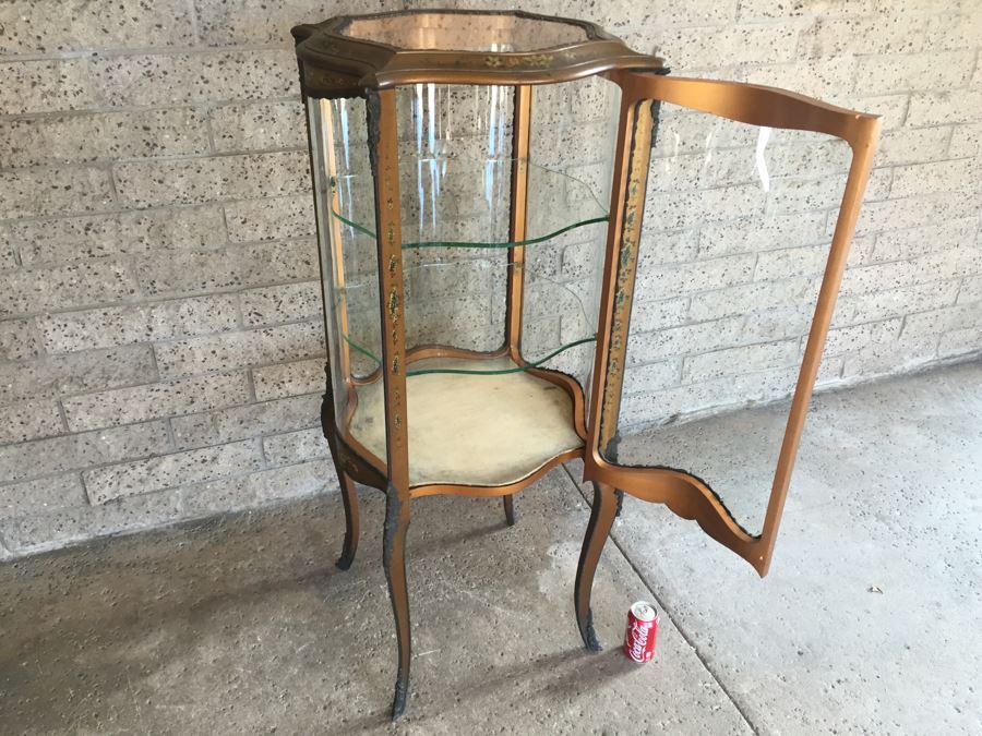 Exquisite French Curio Display Cabinet With Curved Glass On All Sides And Glass On Top Hand Painted And Beautifully Embellished With Metal Accents [Photo 32]