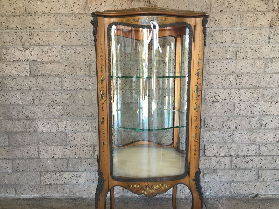 Exquisite French Curio Display Cabinet With Curved Glass On All Sides And Glass On Top Hand Painted And Beautifully Embellished With Metal Accents [Photo 17]