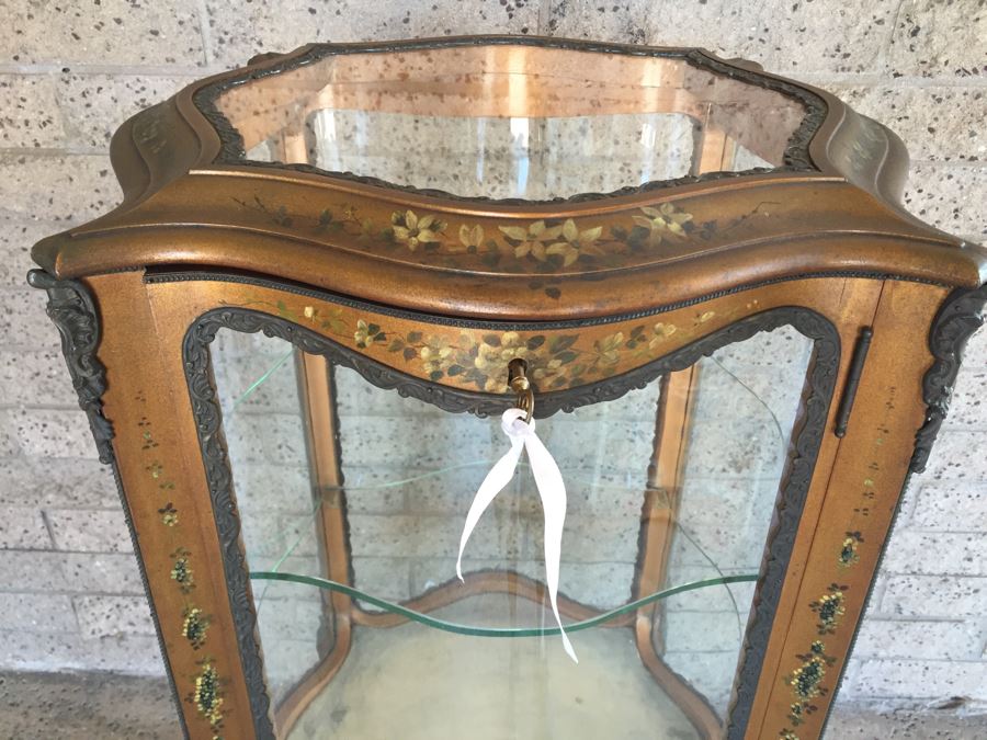Exquisite French Curio Display Cabinet With Curved Glass On All Sides And Glass On Top Hand Painted And Beautifully Embellished With Metal Accents [Photo 6]
