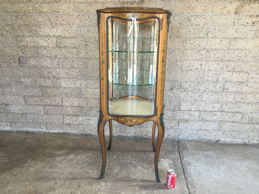 Exquisite French Curio Display Cabinet With Curved Glass On All Sides And Glass On Top Hand Painted And Beautifully Embellished With Metal Accents [Photo 1]