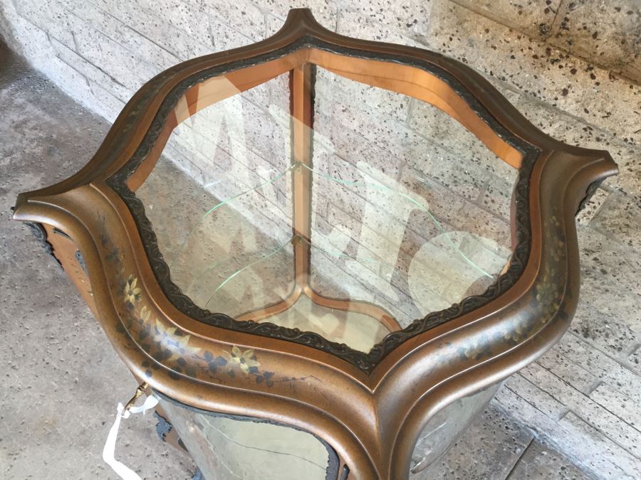 Exquisite French Curio Display Cabinet With Curved Glass On All Sides And Glass On Top Hand Painted And Beautifully Embellished With Metal Accents [Photo 11]