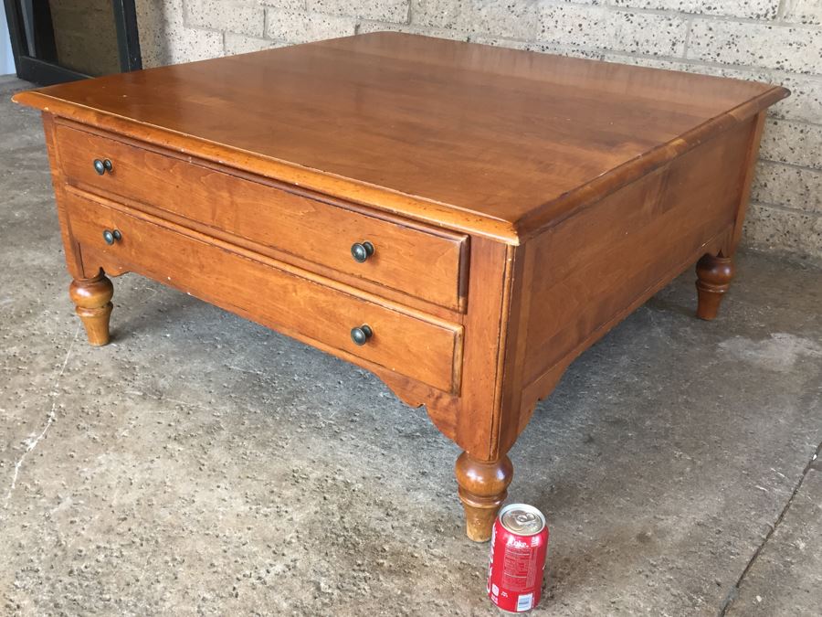 Ethan Allen Wooden Square Coffee Table With 2 Large Drawers