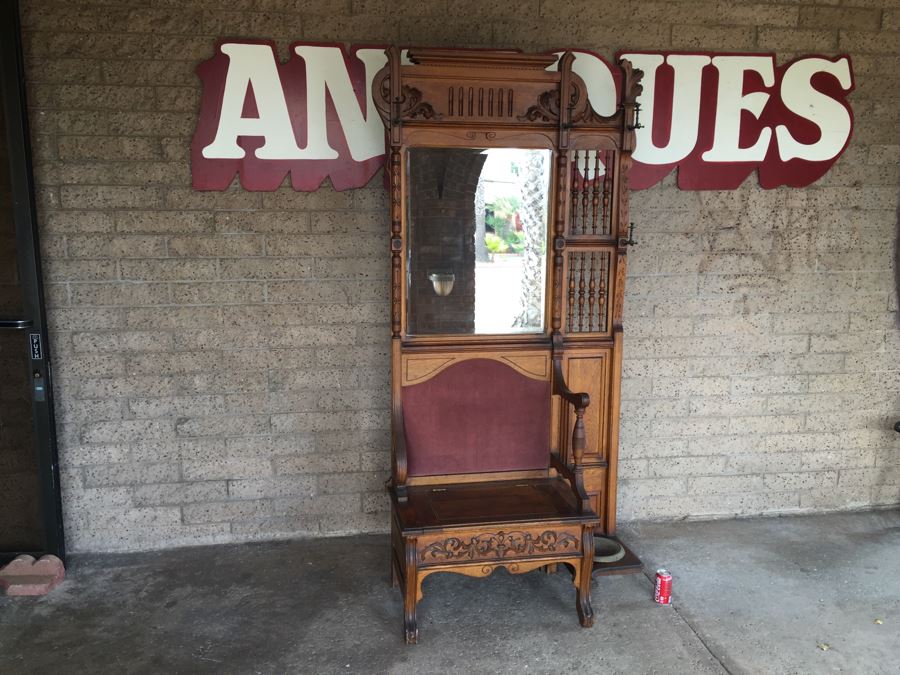 Stunning Antique Hall Tree With Nice Wood Carvings From Standard Furniture Co Seattle WA [Photo 2]