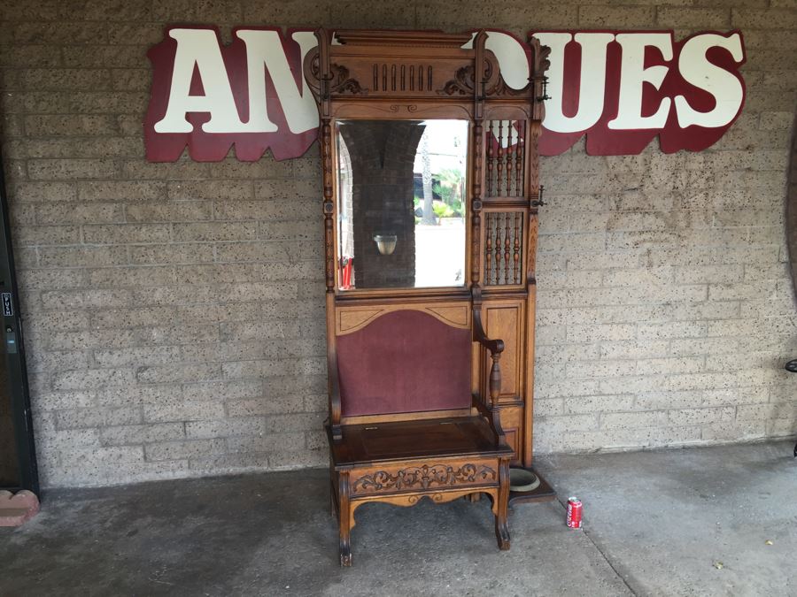 Stunning Antique Hall Tree With Nice Wood Carvings From Standard Furniture Co Seattle WA [Photo 17]