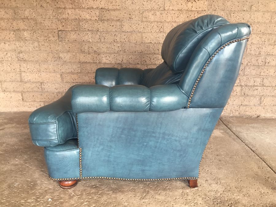 Light Blue Leather Armchar With Matching Ottoman By Classic Leather Inc. [Photo 3]