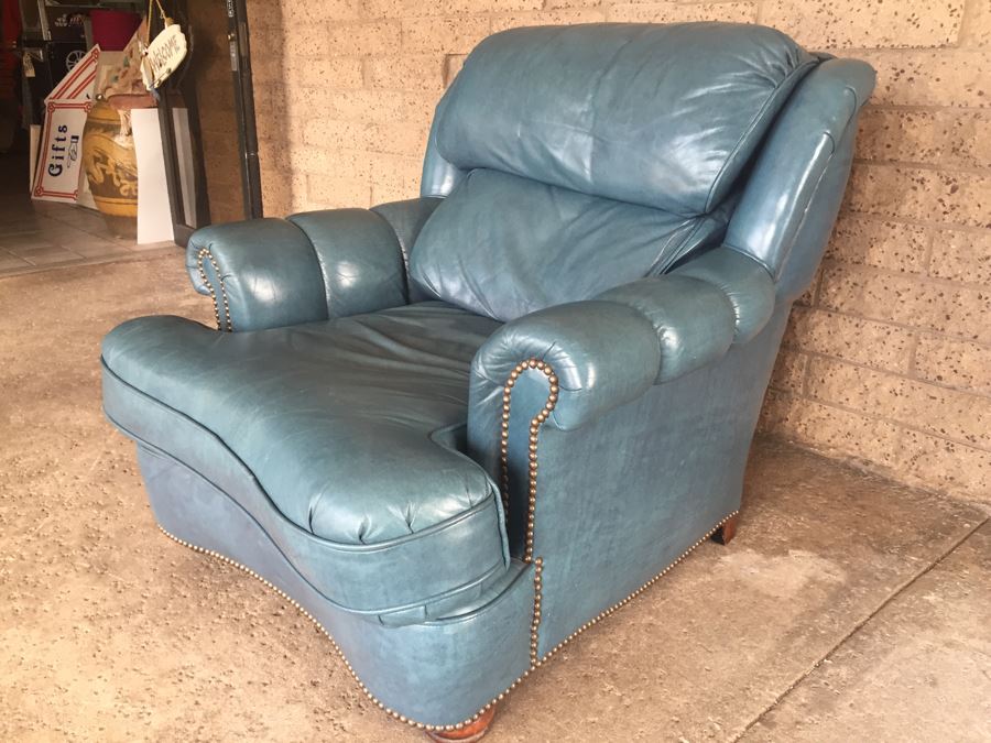 Light Blue Leather Armchar With Matching Ottoman By Classic Leather Inc. [Photo 6]