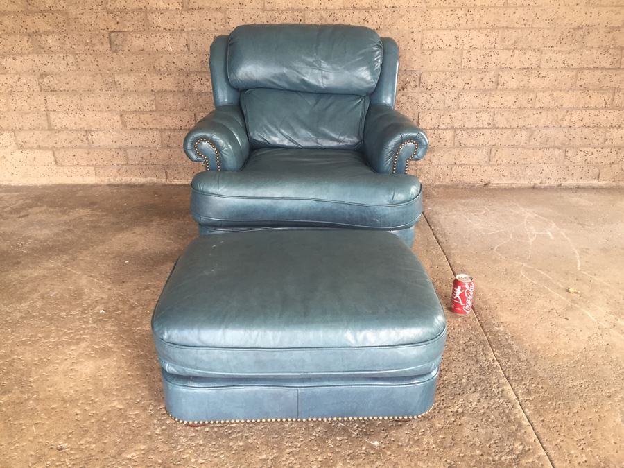 Light Blue Leather Armchar With Matching Ottoman By Classic Leather Inc.