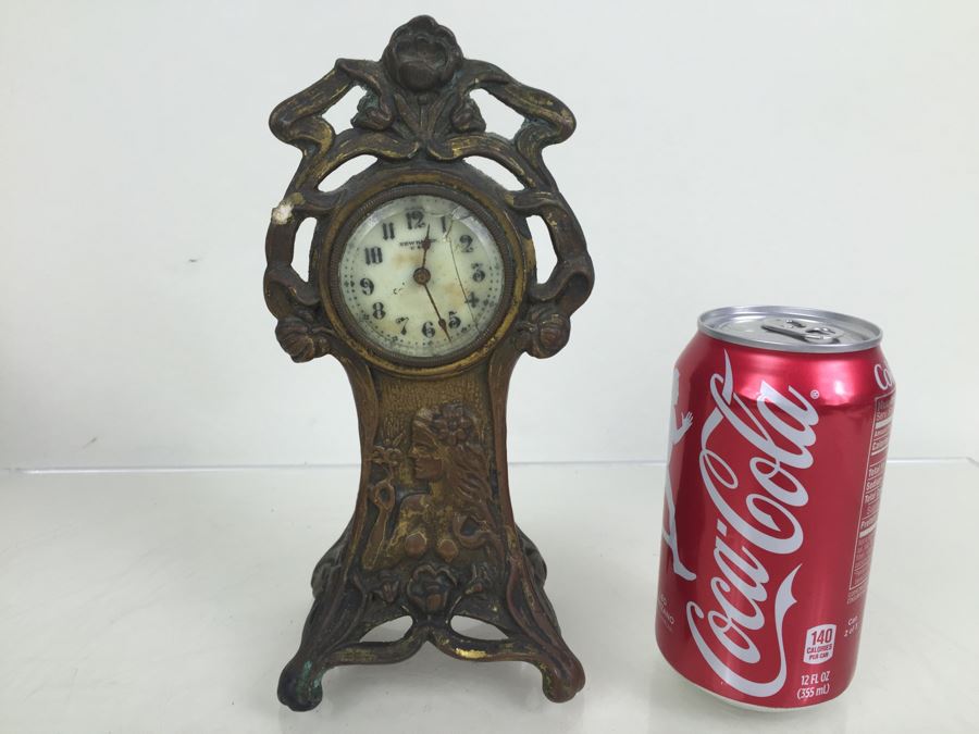 Vintage Art Nouveau Bronze Case New Haven Clock Co Clock