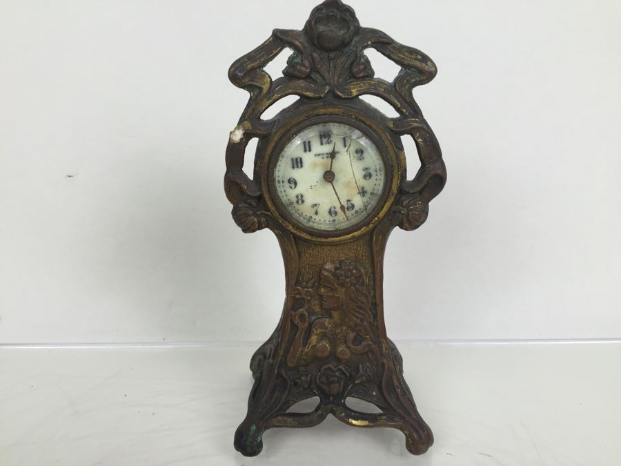 Vintage Art Nouveau Bronze Case New Haven Clock Co Clock [Photo 4]
