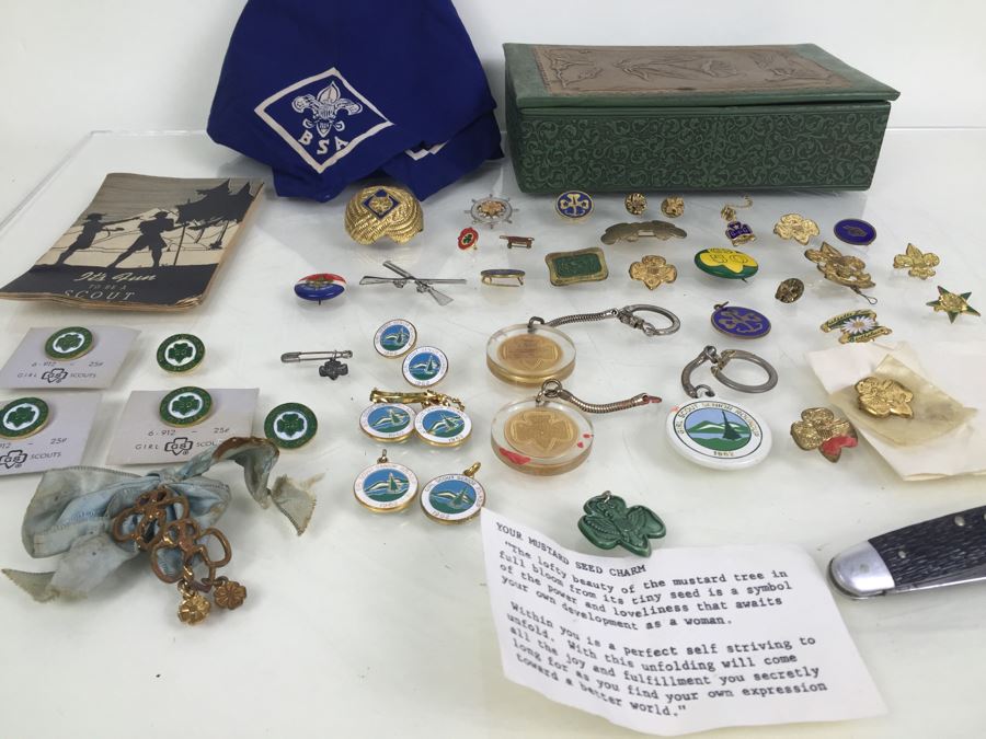 Large Collection Of Boy Scouts And Girl Scouts Collectibles Including Pocket Knife, Various Buttons, Medals, Scarf, Etc. Circa 1950's / 1960's [Photo 1]