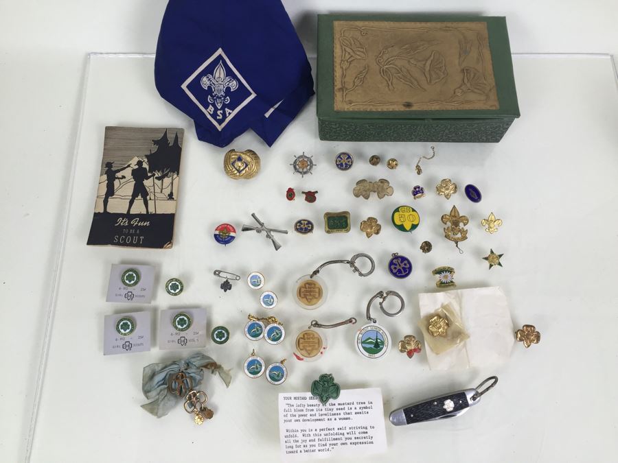 Large Collection Of Boy Scouts And Girl Scouts Collectibles Including Pocket Knife, Various Buttons, Medals, Scarf, Etc. Circa 1950's / 1960's [Photo 4]